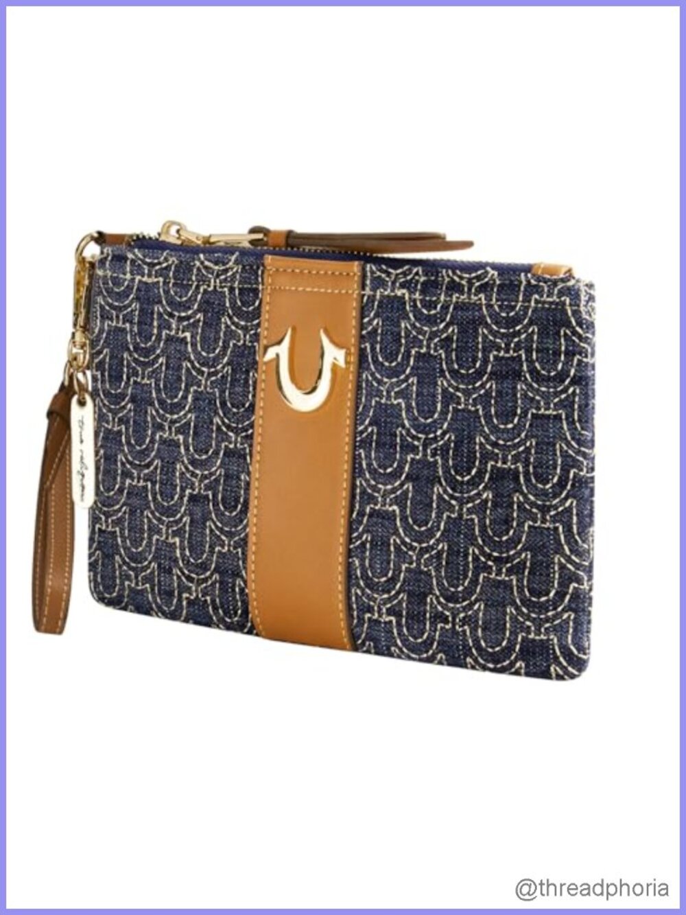 Quilted Denim Clutch Wristlet Pouch with Detachable Strap & Zip Closure